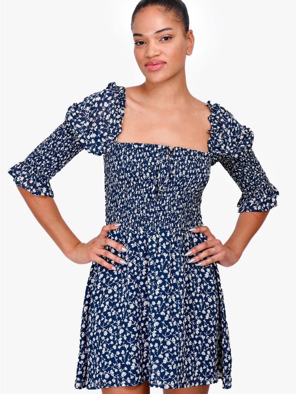 REFORMATION Loulou Navy Floral Smocked Square-Neck Dress (B)